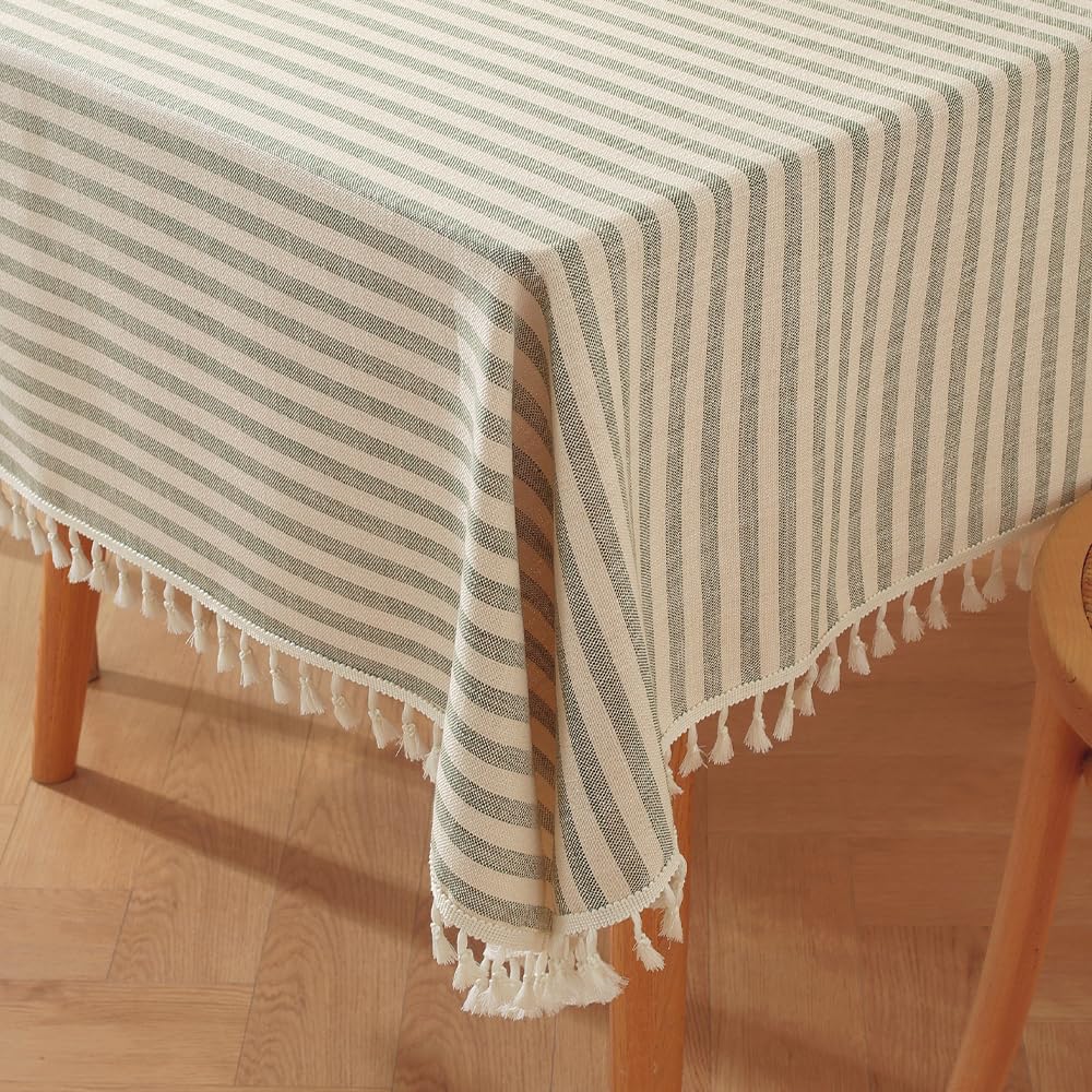 Plenmor Table Cloth Rectangle Stripe Tassels Tablecloth Rectangular Dust-Proof Cotton Table Cover for Kitchen Dinning Tabletop Decoration (140cm x 180cm, Green)