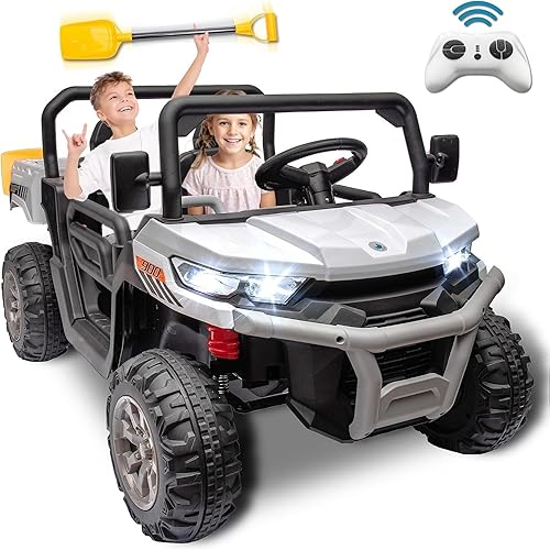 24V 2 Seater Kids Ride on Car Truck, Ride On UTV with 2x200W Motor Ride On Dump Truck, Ride On Car with Dump Bed/Shovel, Electric Vehicle with Rubber Tires, LED Light, Remote Control, White