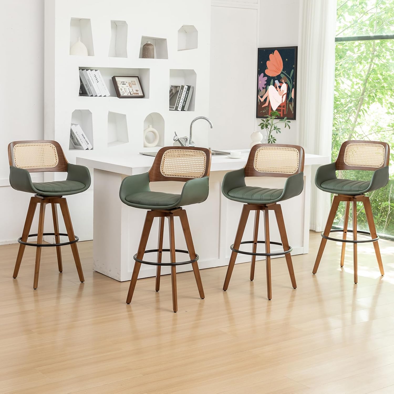 AQG Rattan Swivel Bar Stools Set of 4, Bar Height Bar Stools with Cane Back, Upholstered Seat, Faux Leather Bar Chairs for Island, Kitchen (Green, 29.7"-4 PCS)