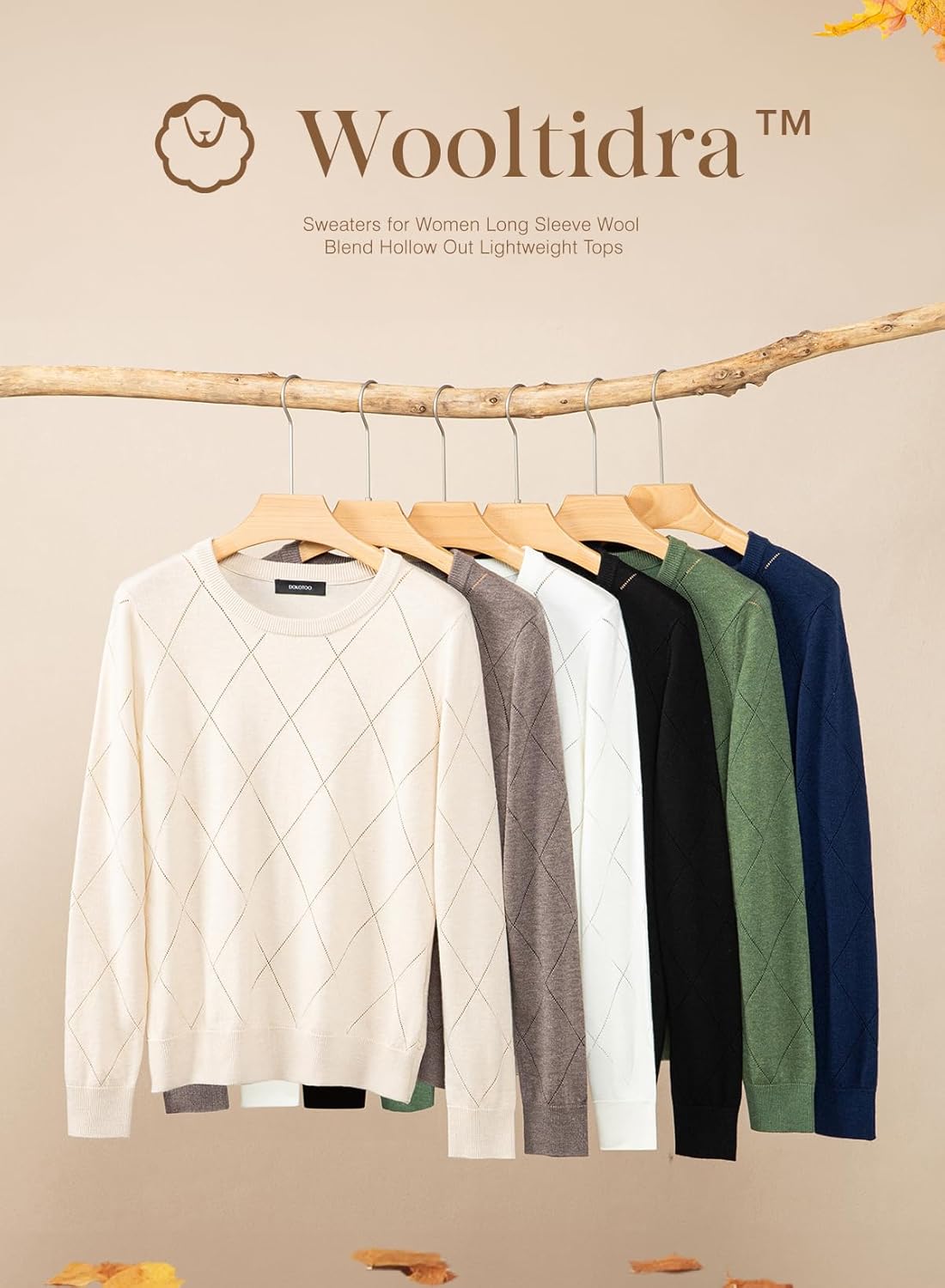 Dokotoo Sweaters for Women Long Sleeve Wool Blend Crewneck Diamond Hollow Out Lightweight Soft Fall Pullover Sweater Tops - Image 6