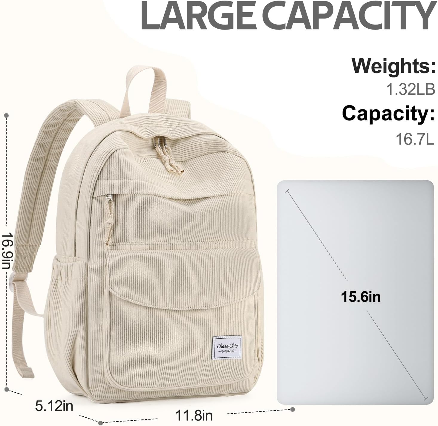 Chase Chic Corduroy Women Backpack, Cute Aesthetic Plush Bookbag Casual Rucksack Daypack for School Teen Girls Beige - Image 2