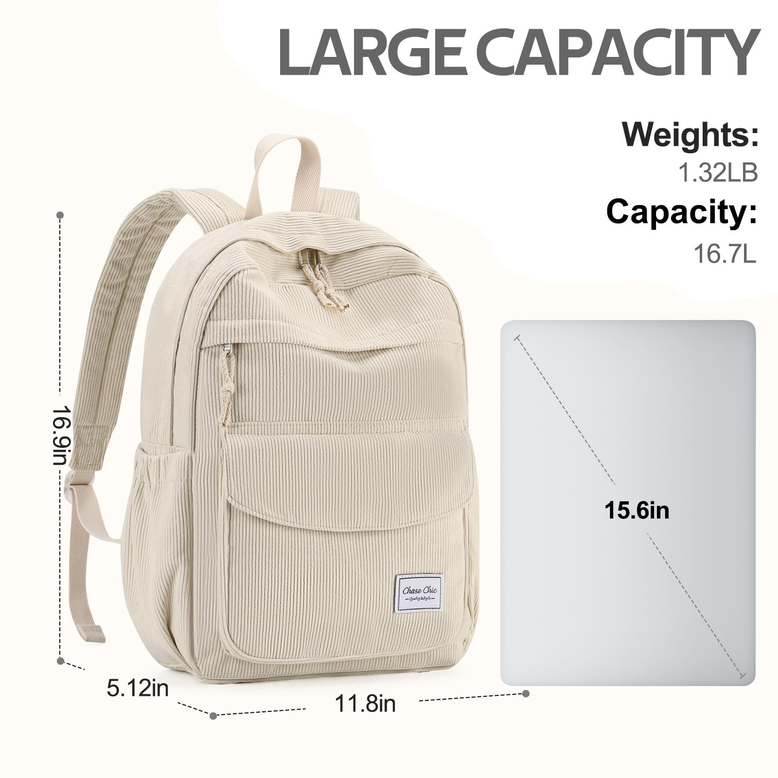 Chase Chic Sac a Dos Fille,Loisir Sacs Ecole Cartable Filles,16,7 L Sacs Scolaire Daypacks School Bag pour Travail, Voyage,école,College,Beige