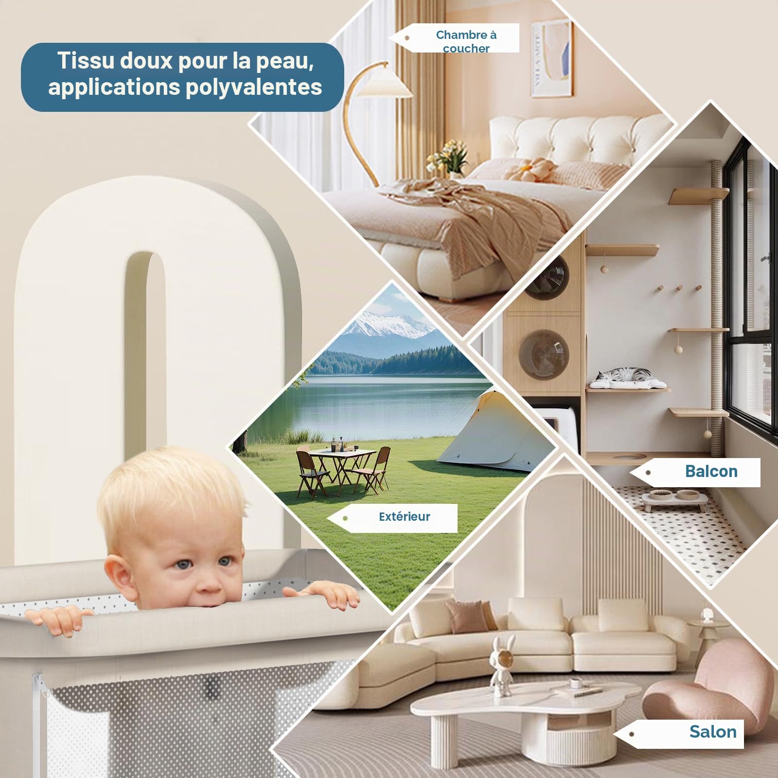 Next to Me Berceau de chevet 4 en 1 avec matelas, 6 hauteurs réglables, filet amovible, panier de rangement et table à langer, peut passer en berceau pour 0 à 3 ans (beige)