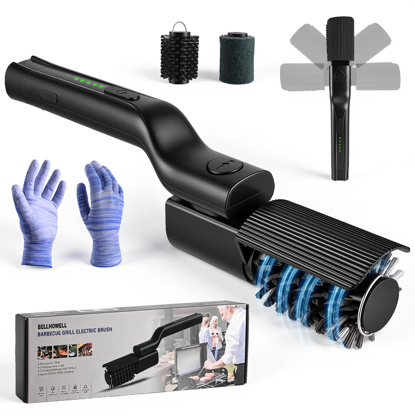 2026 Cepillo Eléctrico para Barbacoa 2600mAh 3 velocidades IPX7 | 2 Cabezales, 180° Ajustable, lavavajillas, para Parrilla, Plancha & Carbón, Cepillo Electrico Limpieza Hogar, USB-C