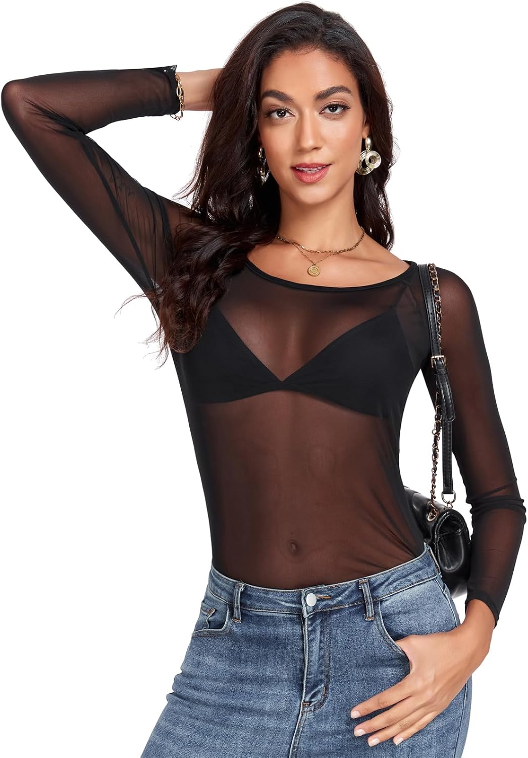 Women Mesh Tops Sheer Shirt Long Sleeves T-Shirt Clubwear Party Sexy Tees - Image 3