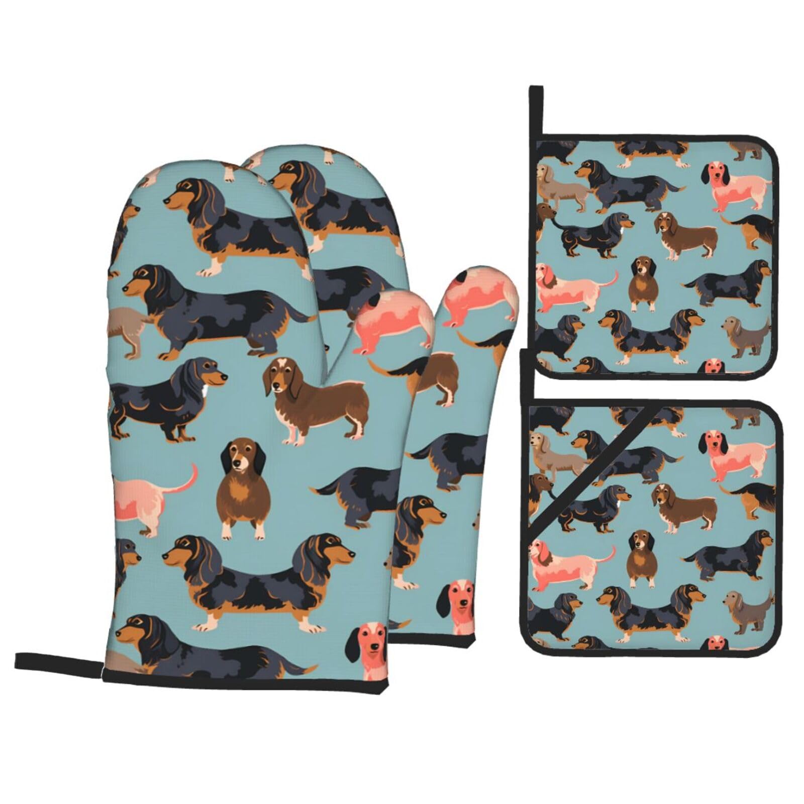 HJFCZH Romantic Dachshund Picture Kitchen Baking Set of 4 Thick Insulated Oven Mitt & Pot Holders, Anti-Scalding for Microwave, Oven, Outdoor BBQ