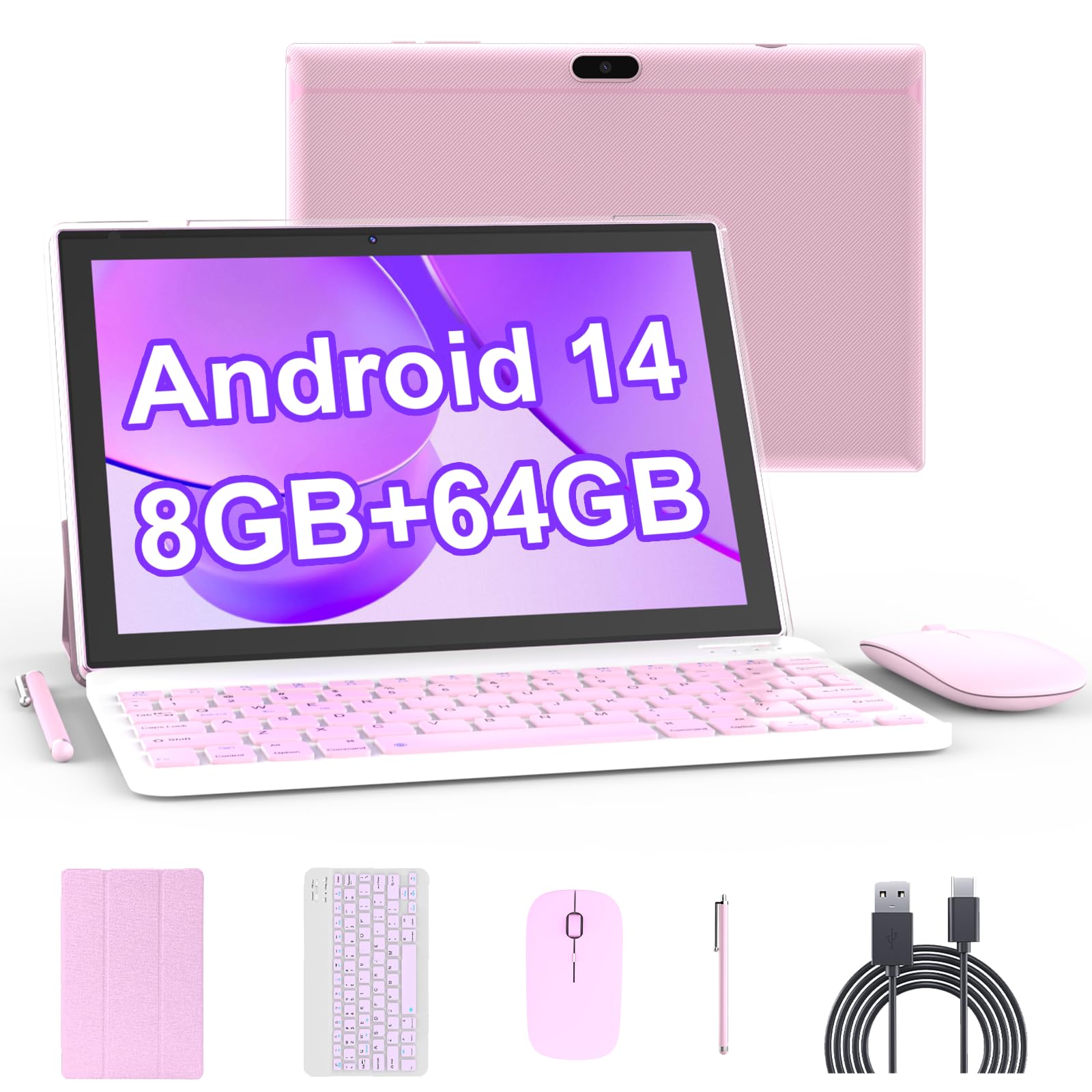 YQSAVIORAndroid 14, 2 in 1 Tablet 10 inch with Keyboard, 8GB+64GB+1TB, Quad Core, 1280 * 800 HD Screen, Dual Camera, Wi-Fi, BT with Case Mouse Stylus, Pink