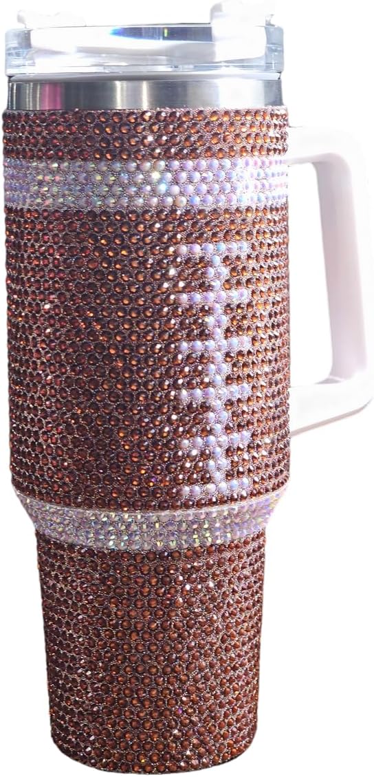 Sparkling Football 40oz Stainless Steel Tumbler Traditional Brown - Luxury Rhinestone Encrusted, Insulated Drinkware for Sports Fans