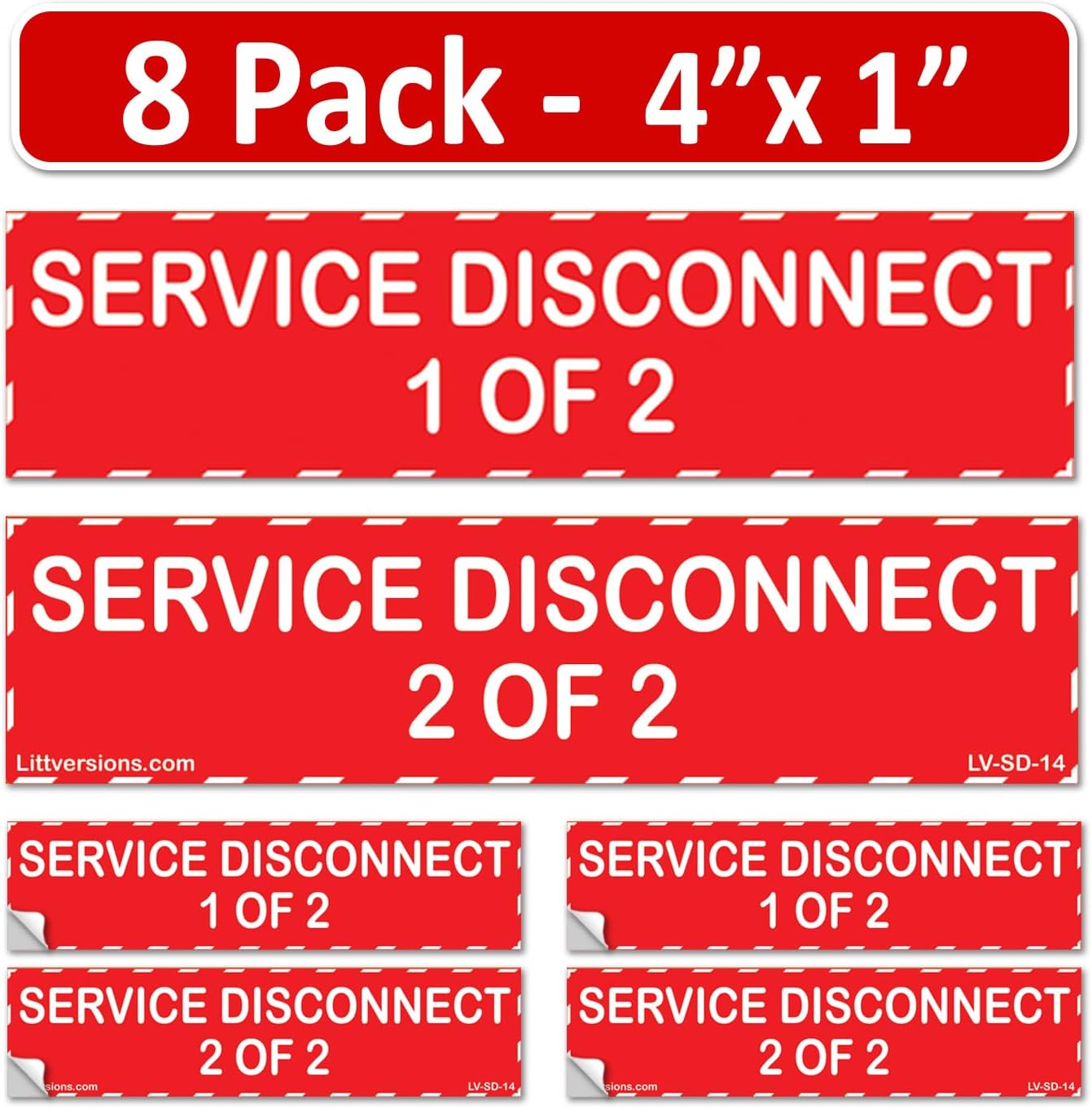 4"x1" 8 Pack Service Disconnects - 1 of 2 & 2 of 2 Outdoor Rated Laminated Labels Emergency Danger Notice Vinyl Waterproof Electrical Panel
