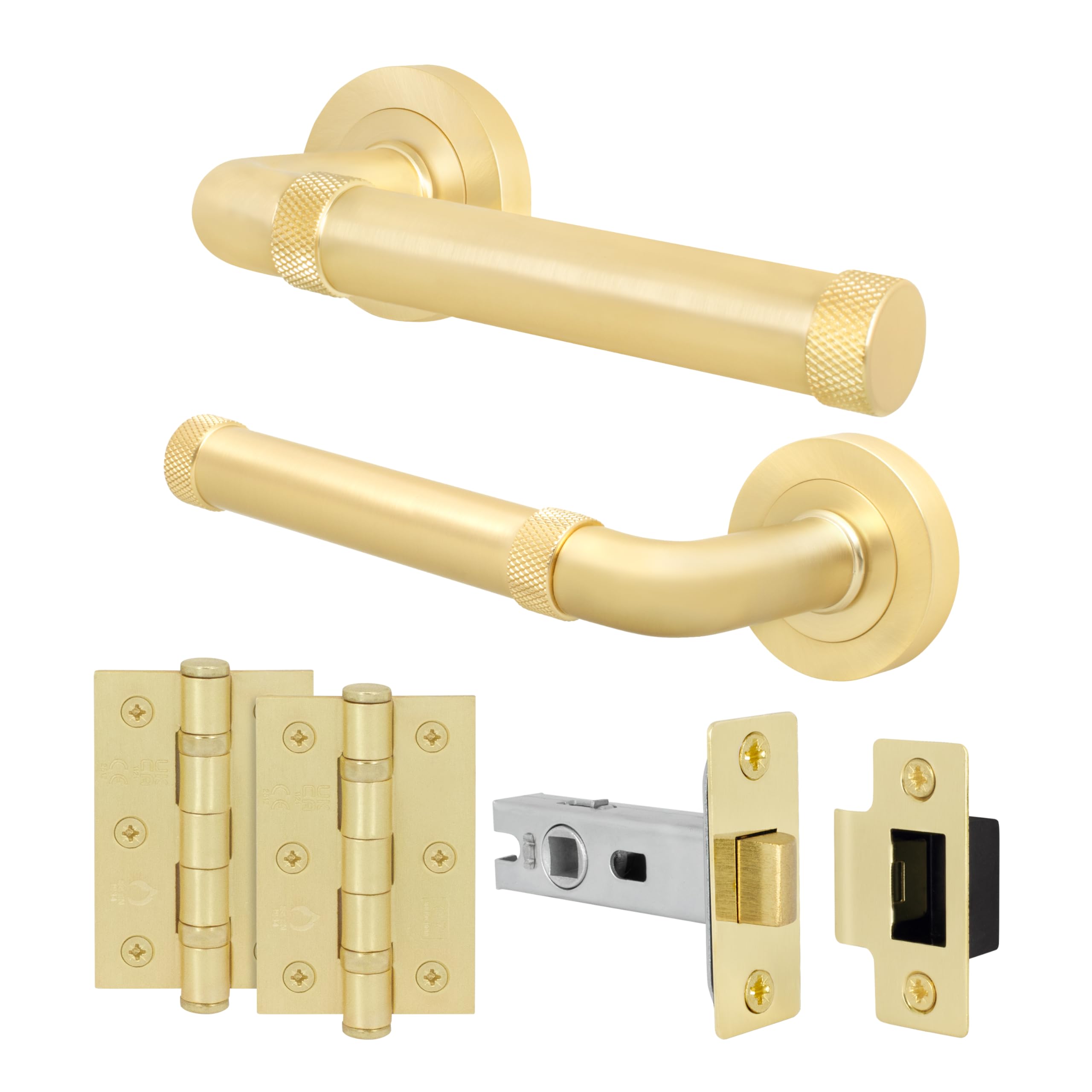 EAI Satin Brass Door Handles with Latch and Hinges, 1 Pack - Santo
