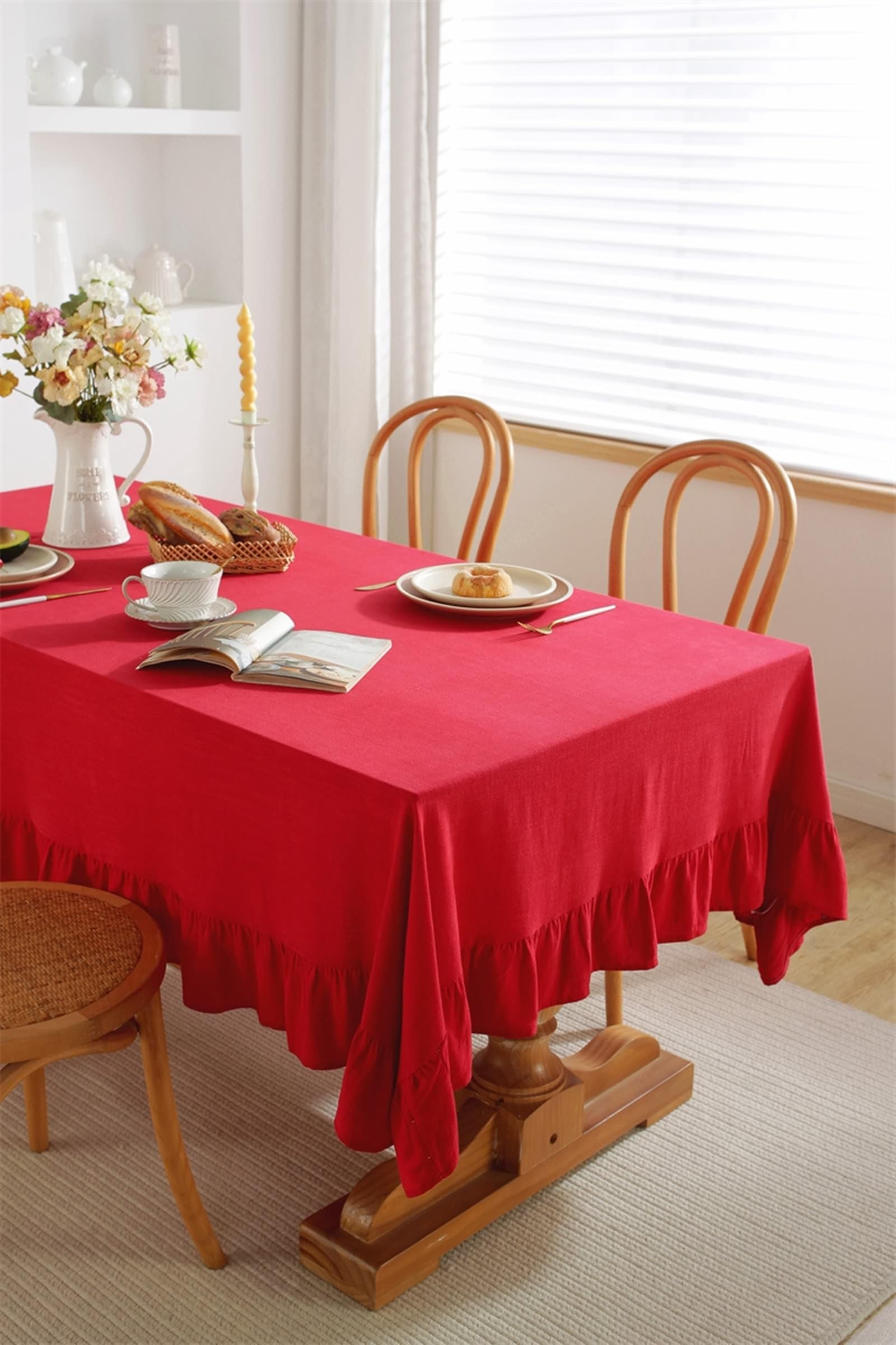 Tablecloth czerwony, bawełniany i lniany obrus outdoorowy jednokolorowy z falbankami obrus kwadratowy 120 x 120 cm