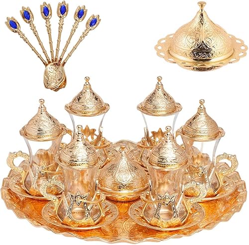 Alisveristime Zamzam de té turco hecho a mano, juego de servir vasos, platillo, bandeja y cuchara (dorado) Oro,Negro auténtico,Auténtico