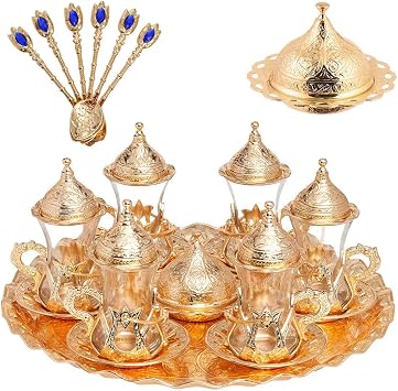 Alisveristime Handmade Turkish Tea Water Zamzam Serving Set Glasses Saucer, Tray and Spoon Gold