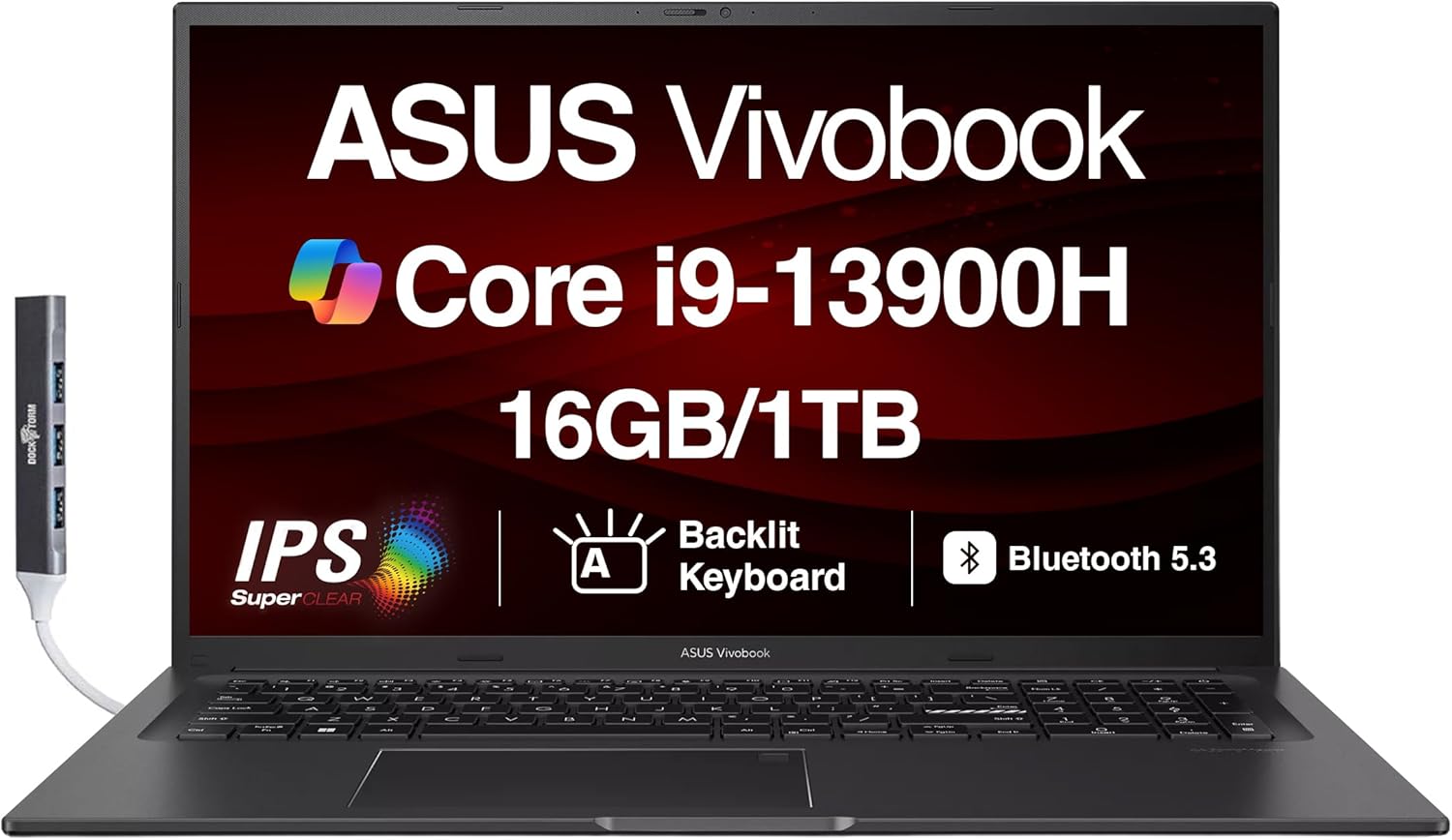 ASUS Vivobook K3704VA-DS96 17X Laptop 17.3" IPS FHD Display (Intel i9-13900H, 16GB DDR4, 1TB PCIe SSD, Intel Iris Xe, Backlit KB, Fingerprint, WiFi 6E, Webcam, Win 11 Pro) with DKZ USB Port Expander