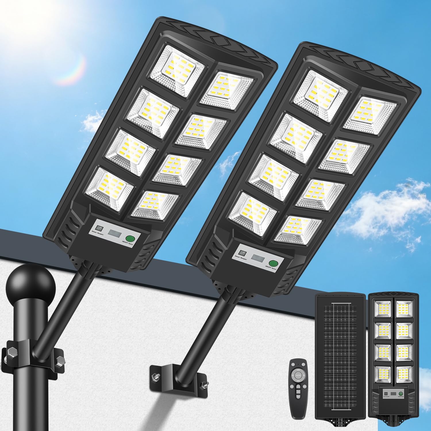 PEAKRO Solar Lights Outdoor, 6000K Solar Street Lights Waterproof, Solar Flood Lights with Motion Sensor and Remote Control, Dusk to Dawn Solar-Powered Security Light for Outside, Garage, Yard