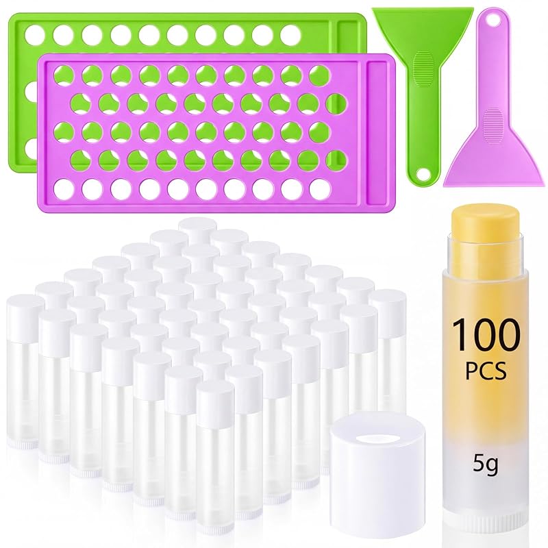 Singhoow Kit com 100 Tubos para Bálsamo Labial, 2 Bandejas de Preenchimento e 2 Espátulas, Recipientes Twist-up de 5 g com Tampas, Branco e Transparente