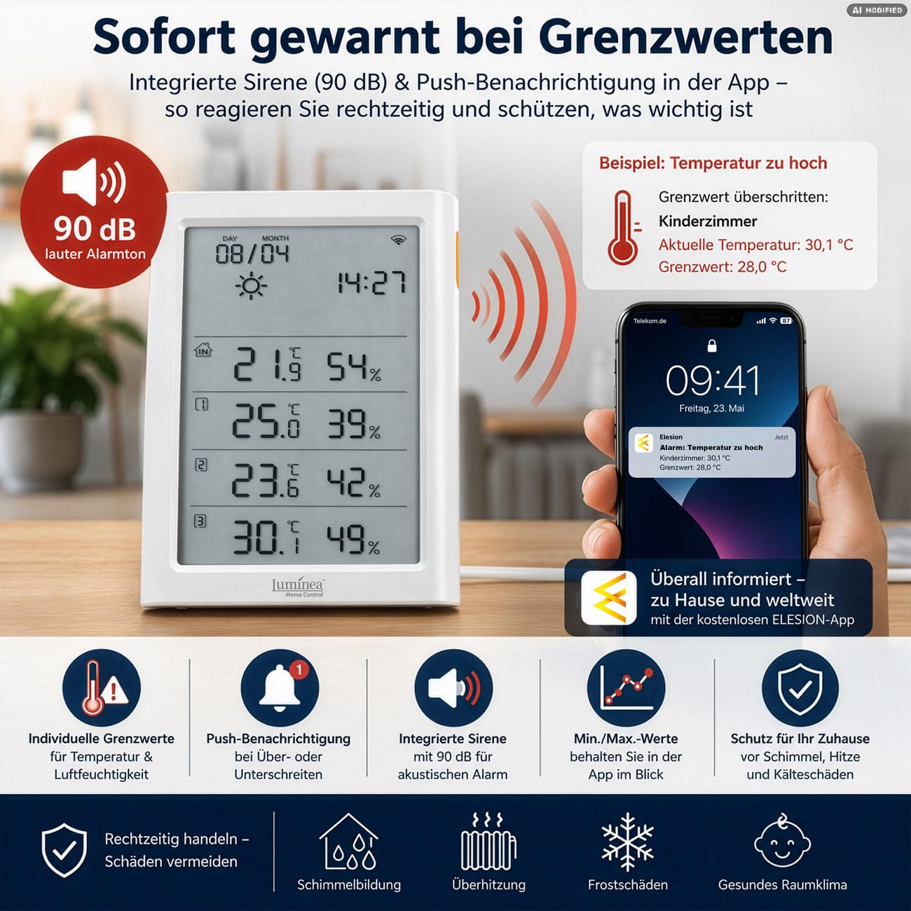 Luminea Home Control LCD-Thermometer: WLAN-Hygrometer-/Thermometer-Station, 3 Sensoren, Sirene, Lichtsensor (Funk-Temperatursensor, Temperatur-Außensender)