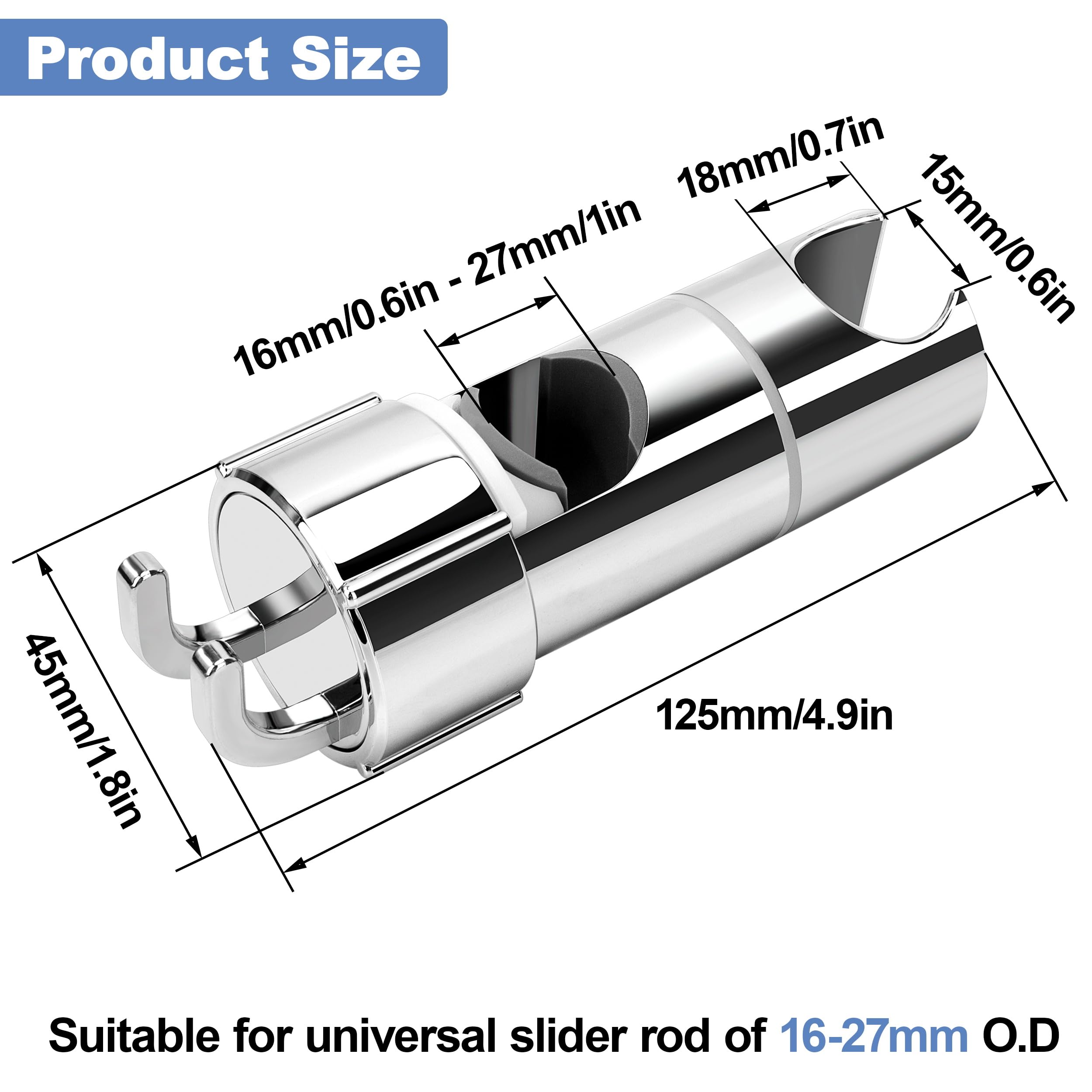 Universale Supporto Soffione Doccia con 2 Ganci, Supporto Doccia per Soffioni Doccia da 16-27 mm, per Soffione Saliscendi a Mano Bagno, Cromata, Argento