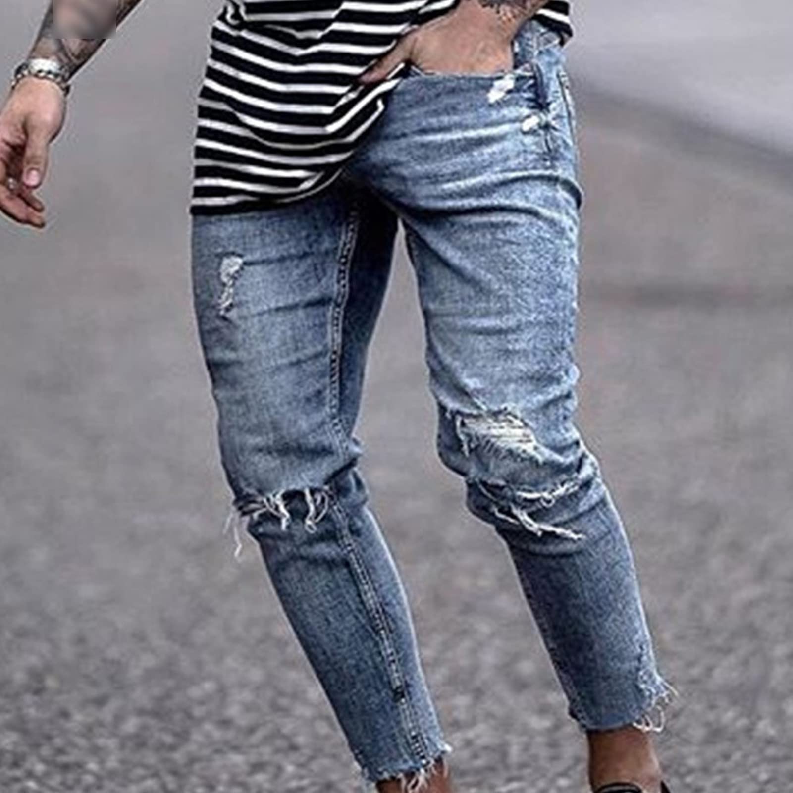 Men Distressed Hip Hop Denim Pants Vintage Ripped Skinny Slim Fit Jeans Washed Pencil Jean Trousers with Holes (Light Blue,Medium)