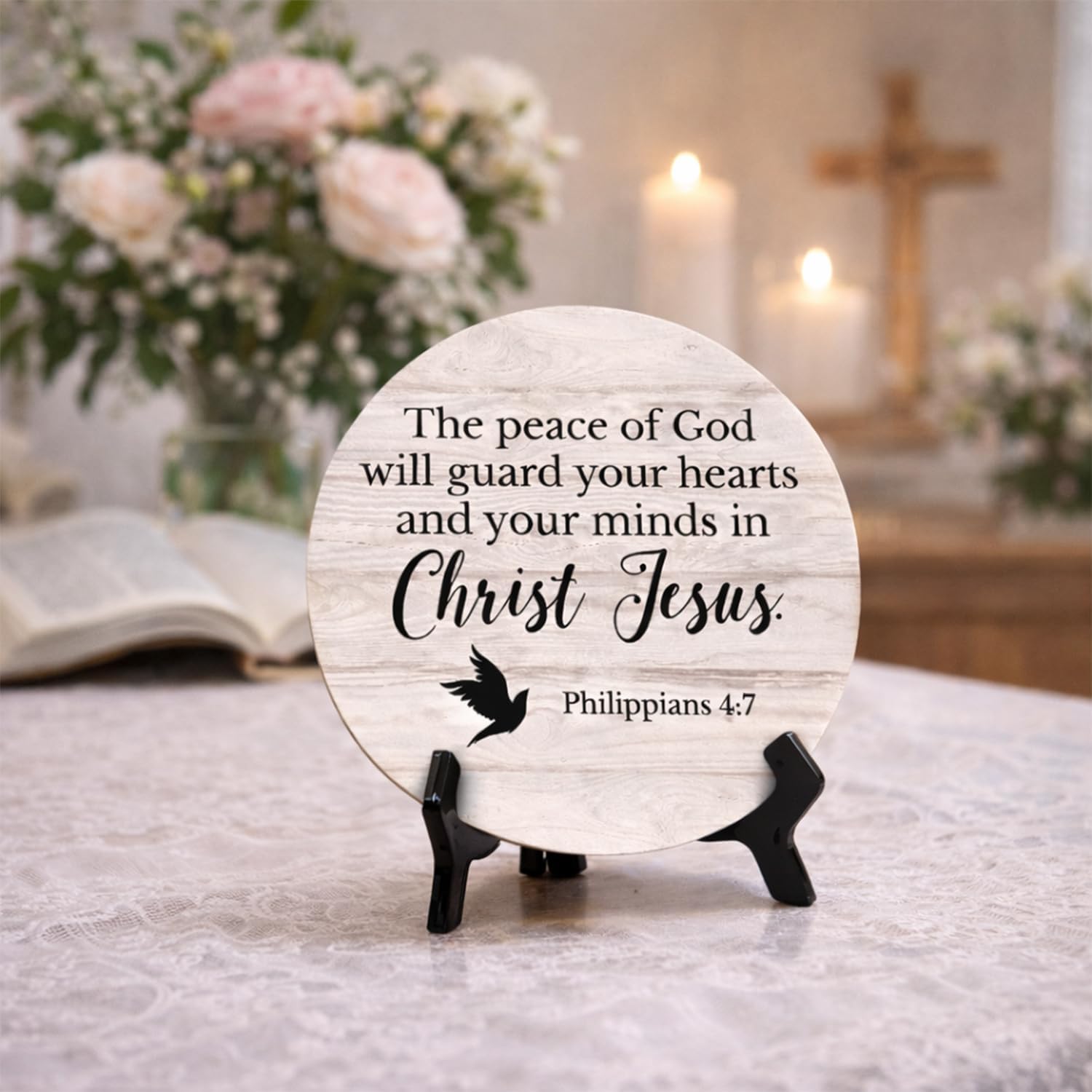 The Peace Of God Will Guard Your Hearts And Your Minds In Christ Jesus. Philippians 4:7 Wood Color Circle Table Sign with Acrylic Stand (5x5") | Home & Office Décor - 1 Pack image 3