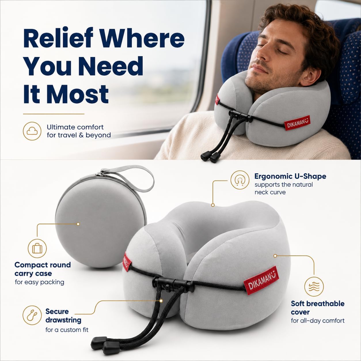 Memory Foam U-Shaped Neck Pillow, Portable Travel Pillow for Airplane, Car, Home & Office, Soft Cervical Support Pillow for Sleeping on Business Trips