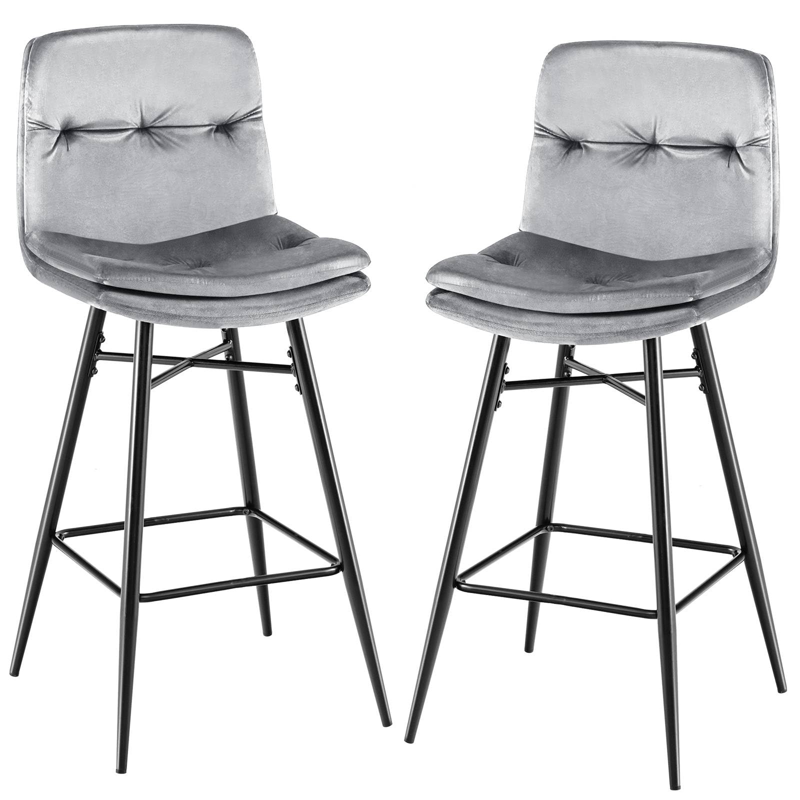 GiantexUK Bar Stools Set of 2, Velvet Upholstered Kitchen Barstools with Curved Tufted Back & Footrests, 72CM Seat Height Metal Legs Breakfast Bar Chairs Seating for Home Restaurant Pub (Grey)