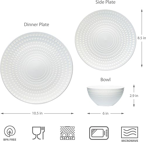 Miniatura 6 de BZYOO Bijou - Juego de vajilla de cerámica de 12 piezas para 4 platos y cuencos de porcelana para comedor, color blanco perla, apto para microondas