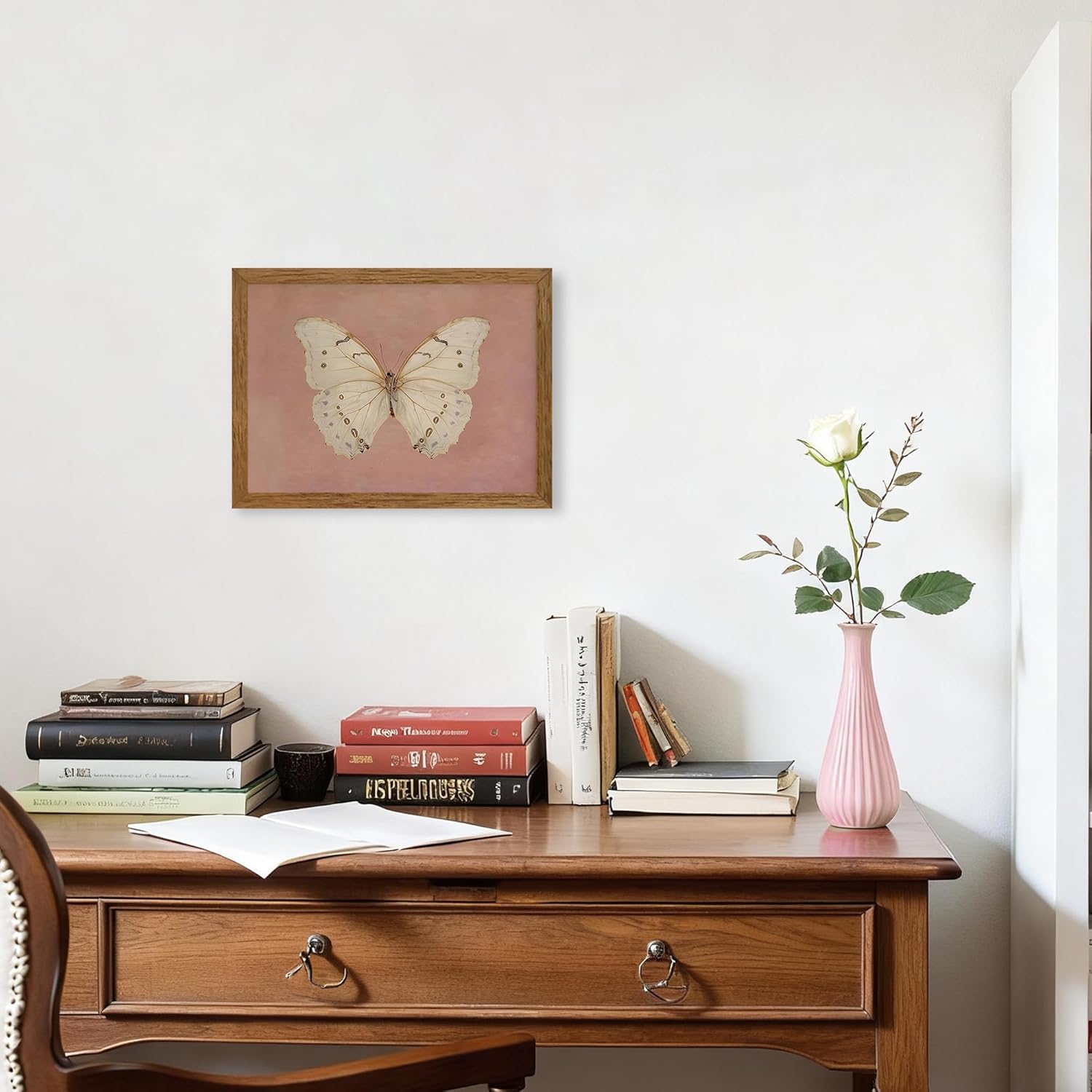 Wojuin Framed Pink Vintage Butterfly Canvas Wall Art, Neutral Moody Insect Farmhouse Wall Decor, Antique White Moth Aesthetic Poster Print for Living Room Bedroom Bathroom Dorm Office 12x16 in