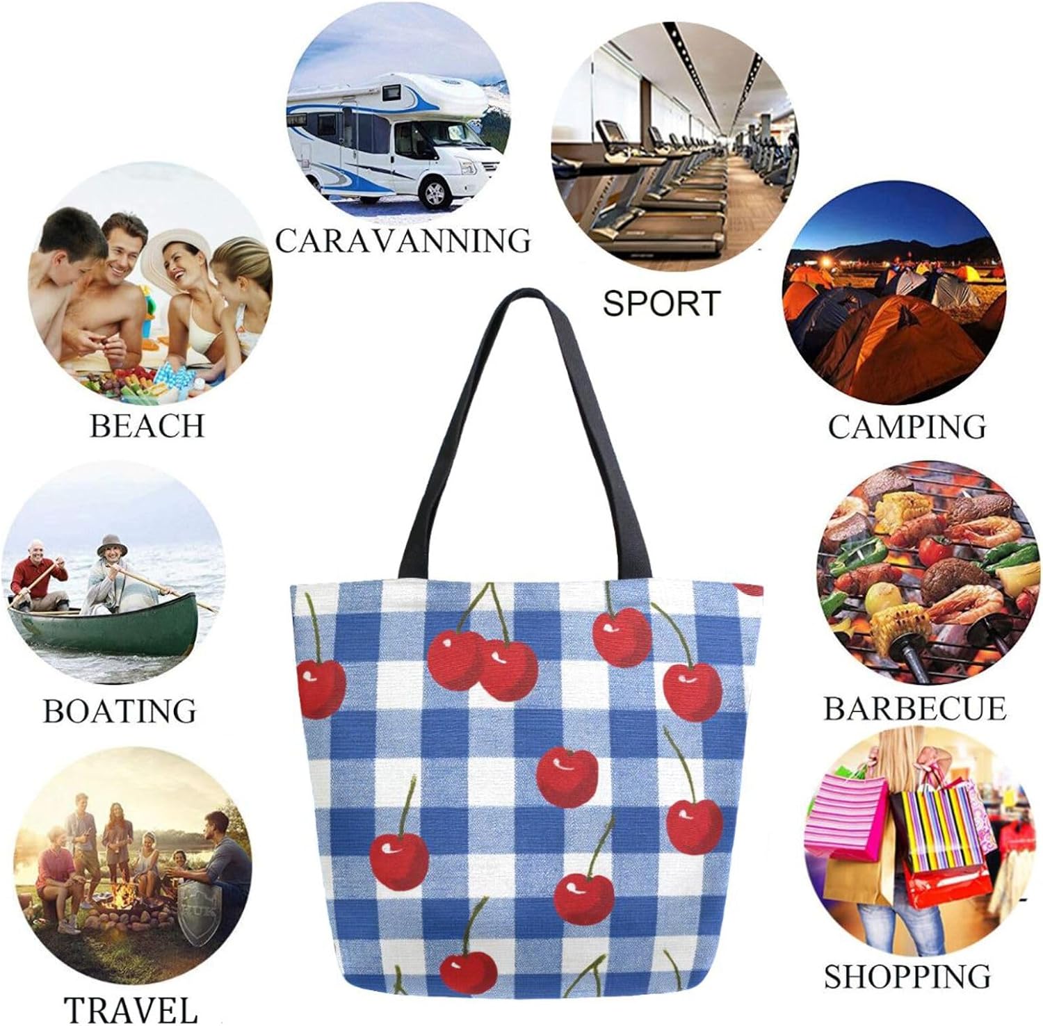 Extra Large Daily Canvas Shoulder Tote Bag,Red Cherries in Blue Plaid Pattern Durable Top Handle Zipper Bag for Gym Picnic Yoga Weekender Beach Travel Kitchen Market Grocery Shopping