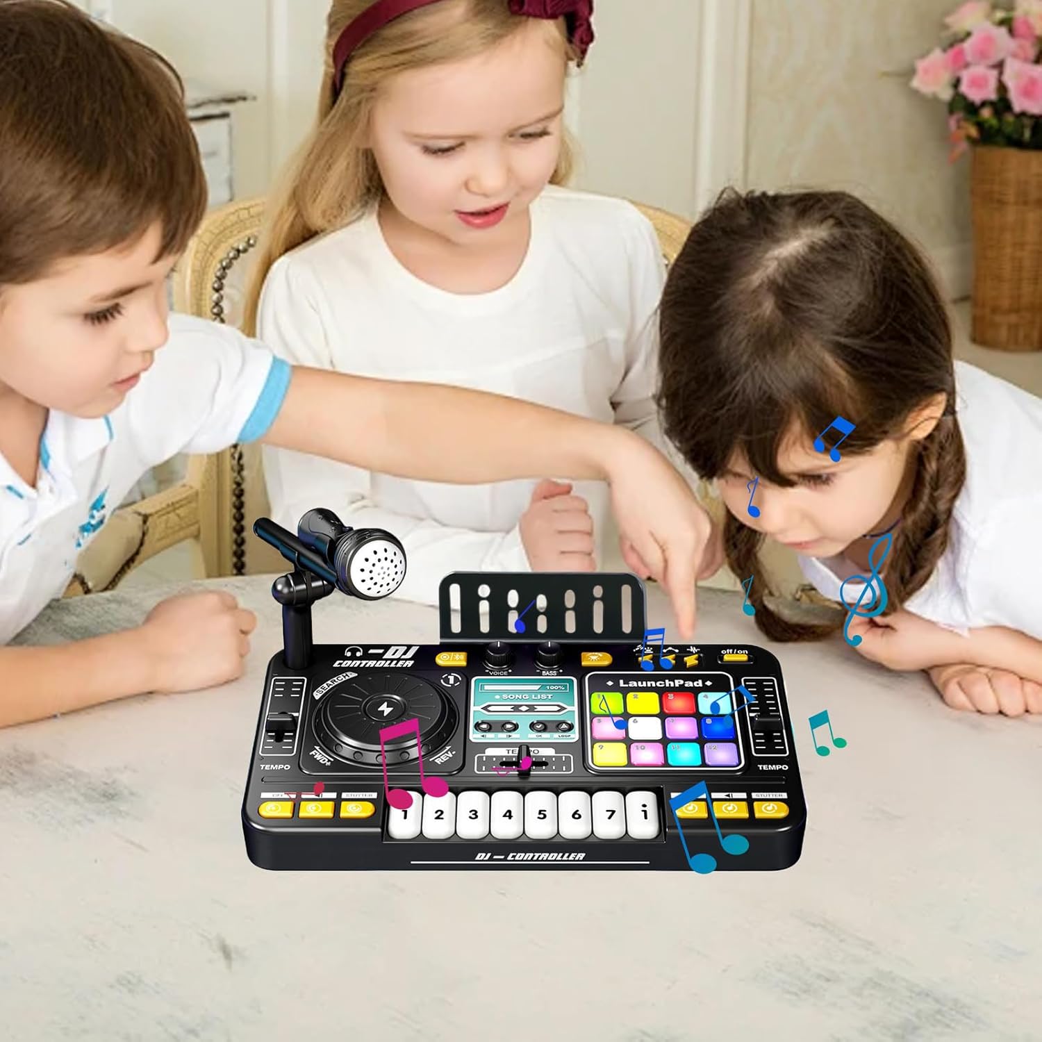 Music Mixer Piano Toy - 35.5x21x9.5cm Portable USB Charging Kids Keyboard Table with Lights | Multi-Functional Turntable Toy | DJ Learning Keyboard Mixer, Digital Audio, Children's Musical Instrument