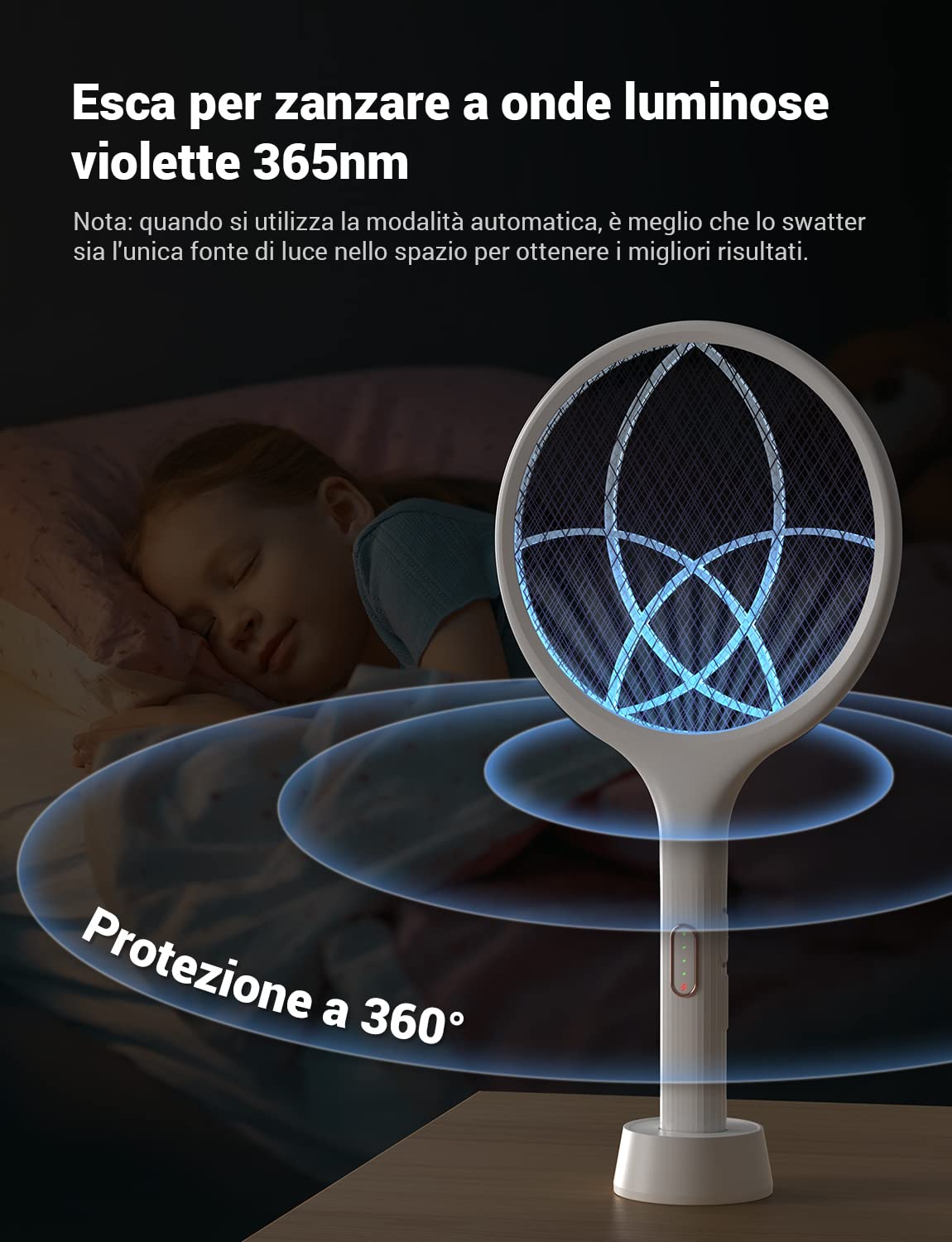 Racchetta Zanzare Elettrica 4000V 1500mAh Ricaricabile USB LED 2 in 1 Bianco