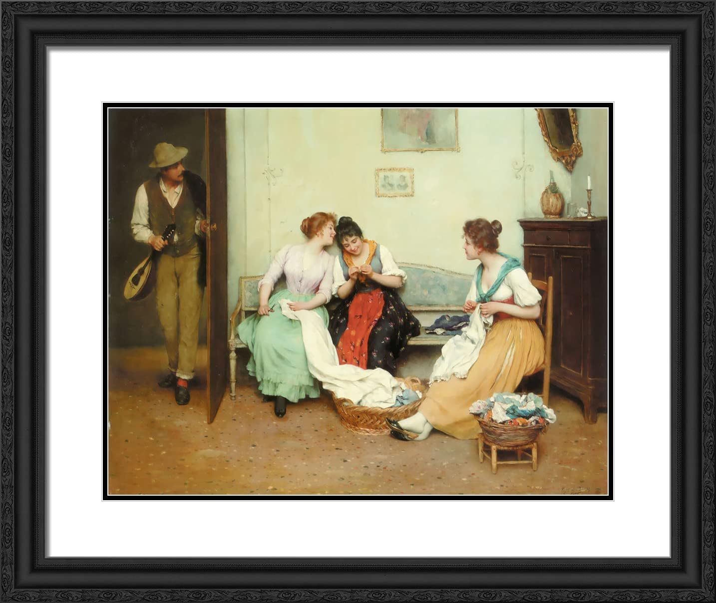 ArtDirect De Blaas, Eugene 24x20 Black Ornate Framed Art Print with Double Matting Titled: The Friendly Gossips-ARC-06261