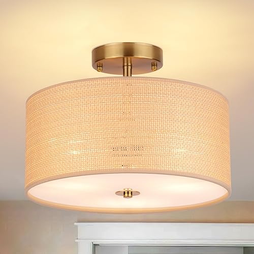 Lámpara de techo de ratán tejido bohemio de 13 pulgadas, lámpara de tambor moderna de montaje semiempotrado de 3 luces con pantalla de tela beige,