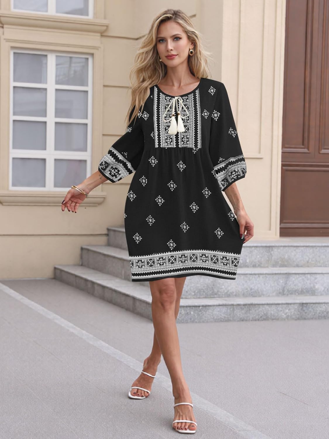 Boho Summer Dresses V Neck 3/4 Sleeve Floral Printed Loose Plus Size Flowy Beach Vacation Dress - Image 7