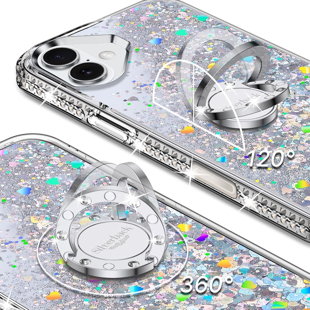 Silverback for iPhone 17 Case, Moving Liquid Holographic Sparkle Glitter Case with Kickstand, Girls Women Bling Diamond Ring Protective Case for iPhone 17 - Clear Silver - Image 2