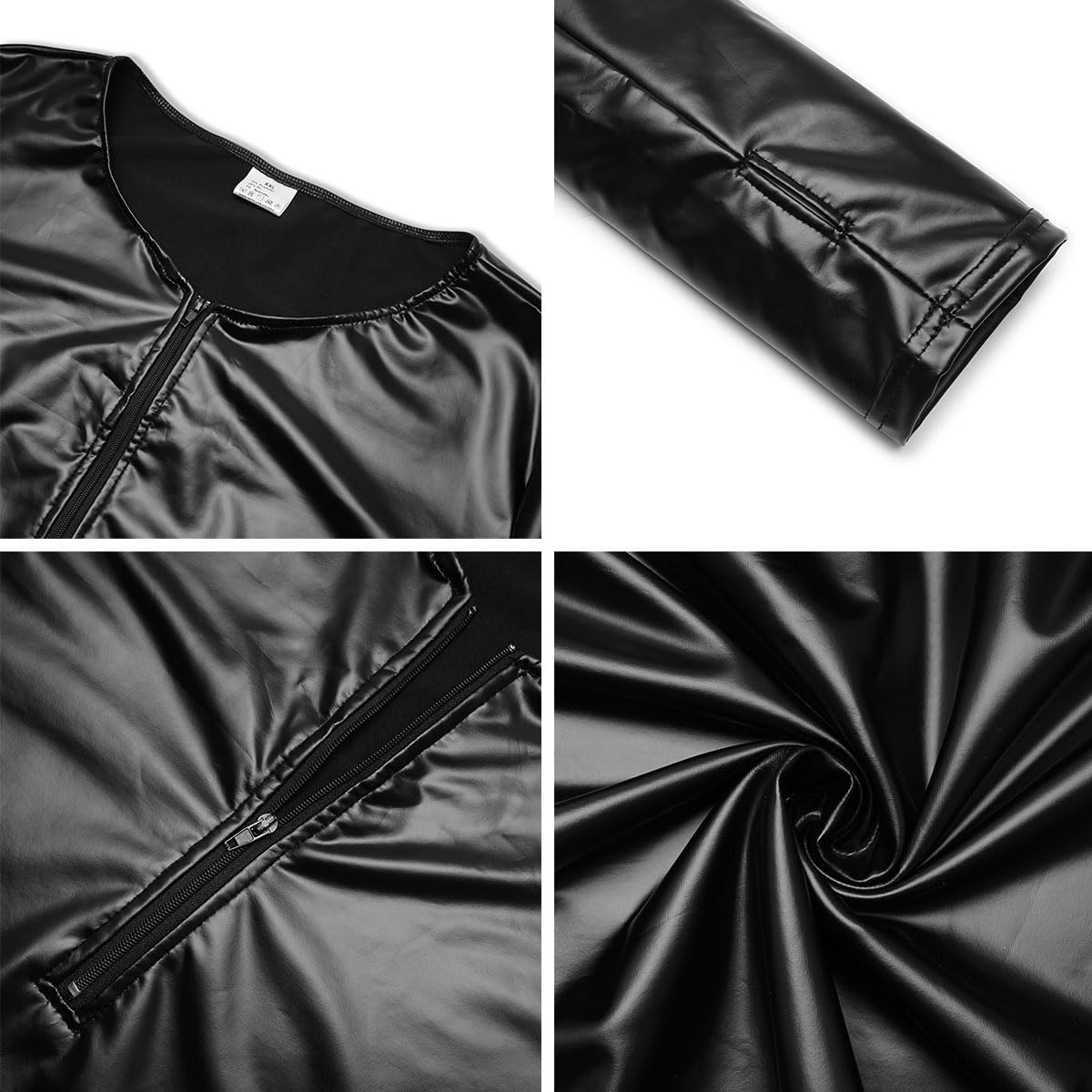 KOOSUFA Damen Kunstleder Minikleid Wetlook Langarm mit 1/4 Zip