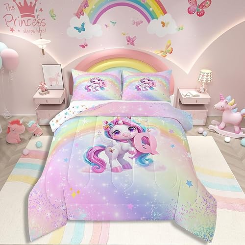 Unicorn Comforter Set,3D Pink Blue Unicorn Floral Bedding,Gradient Glitter Beddi