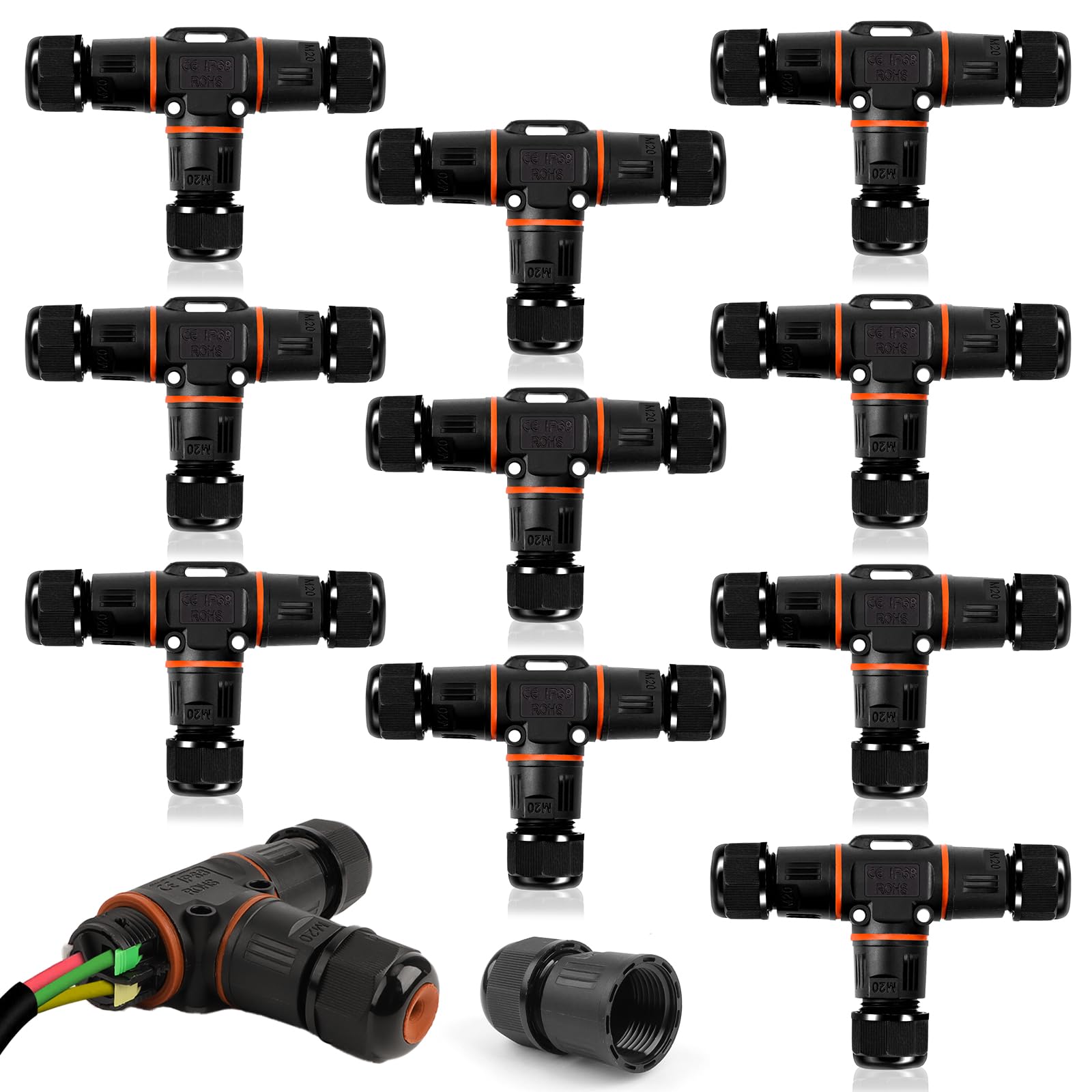 AOBOPLE Pack of 10 IP68 T-Shape Waterproof Junction Box Outdoor Cable Connector,3-Pin Waterproof Cable Protector for Diameter Ø3-12 mm,Use for Outdoor Billboards,Road Landscape Lights