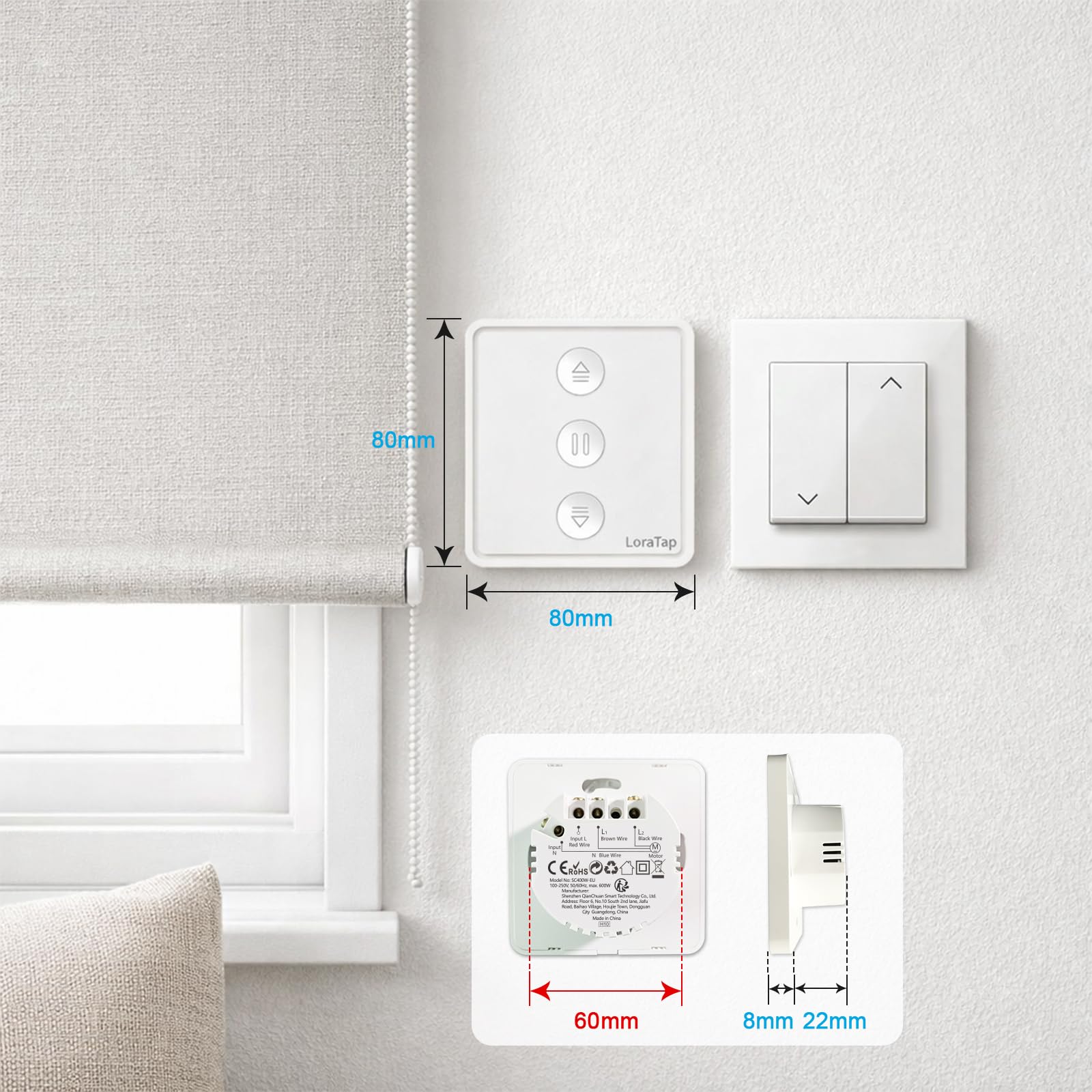 Interruptor Inteligente WiFi para Persianas LoraTap - Control de Porcentaje 0-100%, con Botones Físicos, Compatible con Alexa/Google Assistant, Compatible con Temporizador y Programación