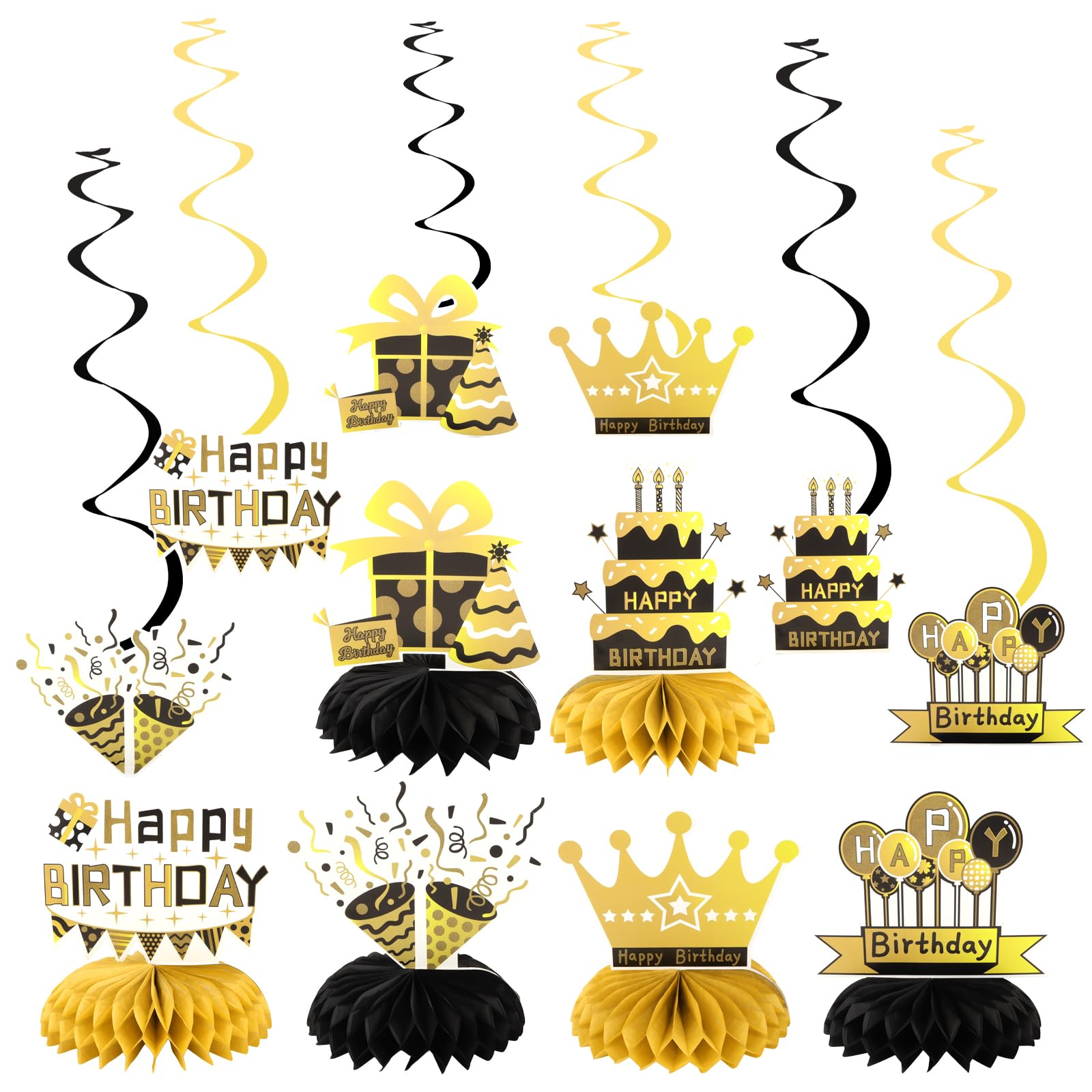 Oblihumoy 12Pcs Black Gold Happy Birthday Hanging Swirls and Honeycomb Centerpiece Set, Birthday Themed Streams Ceiling Decorations and Table Decoration for Party Supplies