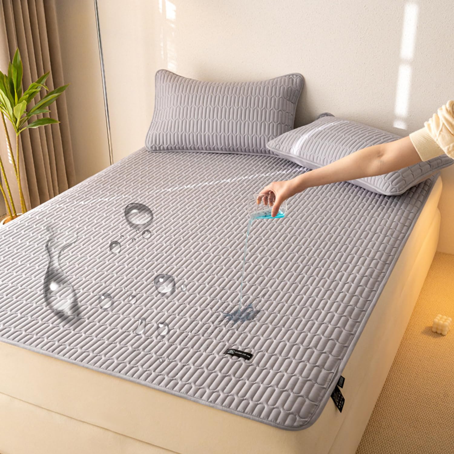 LDLCYCN ,B/grey,150 * 200cm/QUEEN, Waterproof Mattress Pad Cover with Corner Strap Quilted Mattress Protector