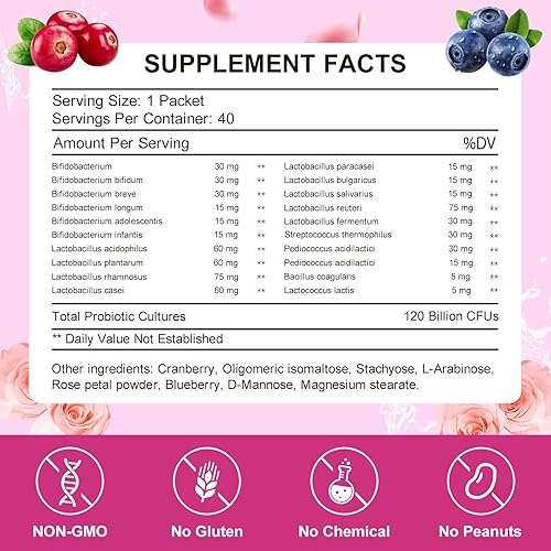 Miniatura 2 de KFG Polvo probiótico para mujer, con 100 mil millones de UFC, 20 cepas, 3 prebióticos orgánicos, arándano, enzimas digestivas y D-manosa, para