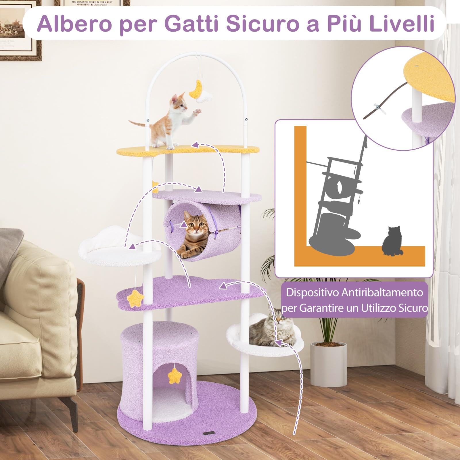GYMAX Albero per Gatti, 60 x 60 x 158 cm, Torre Tiragraffi per Gatti Grandi Medi Piccoli, Piattaforma per Saltare, Giochi Appesi, Tunnel, Casetta, Struttura, Metallica Robusta