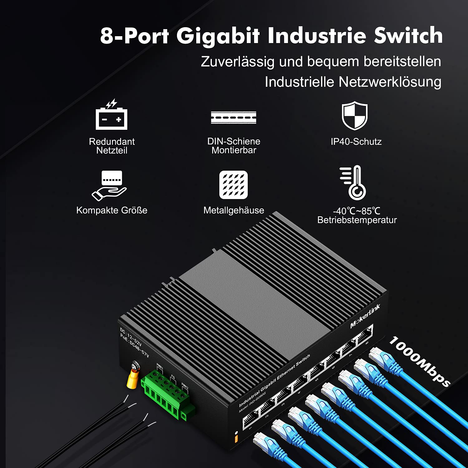 MokerLink 8 Port Gigabit Industrial DIN-Rail Ethernet Switch Hutschiene, 16Gbit/s Schaltkapazität, IP40 Unmanaged Network Switch (-40 bis 185 °F), mit Netzteil