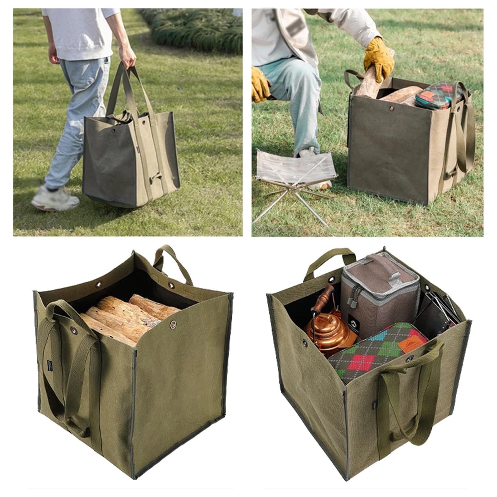 Canvas Firewood Storage Bag Large Capacity Dark Green