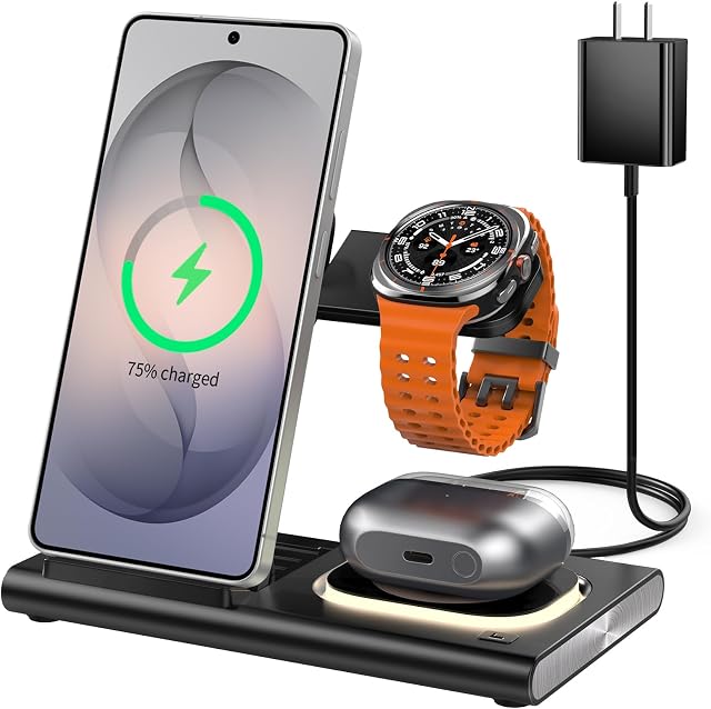 3 in 1 Wireless Charging Station for Samsung, 15W Wireless Charging Stand for Galaxy S26 Ultra/S25/S24/S23/S22/Note20 Z Fold Flip7 Galaxy Watch 8/7/6/5/4/3 Active 2/1, Galaxy Buds 2/Pro/Live