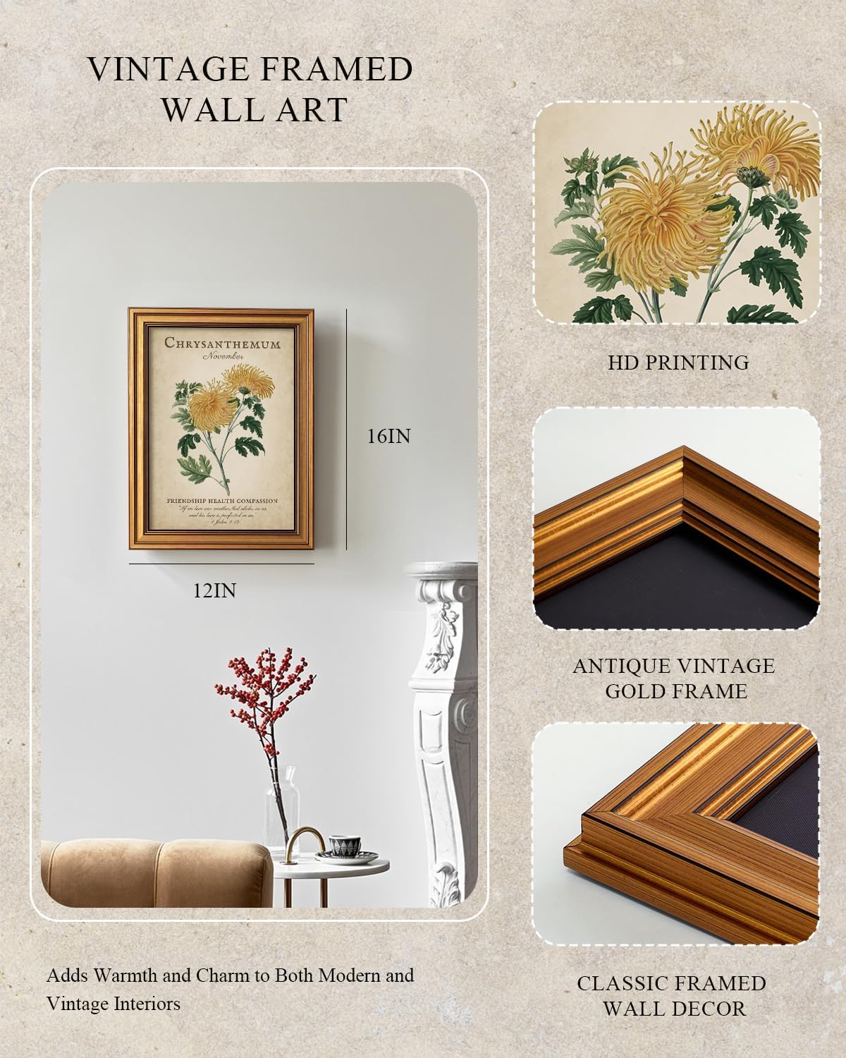 InSimSea Vintage Floral Wall Art Decor, Unique Mothers Day Gifts, Nov.Birth Flower Chrysanthemum Canvas Paintings,16x12in,Gold Framed Picture, Room Shelf Decor, Christian Scripture Bible Lovers