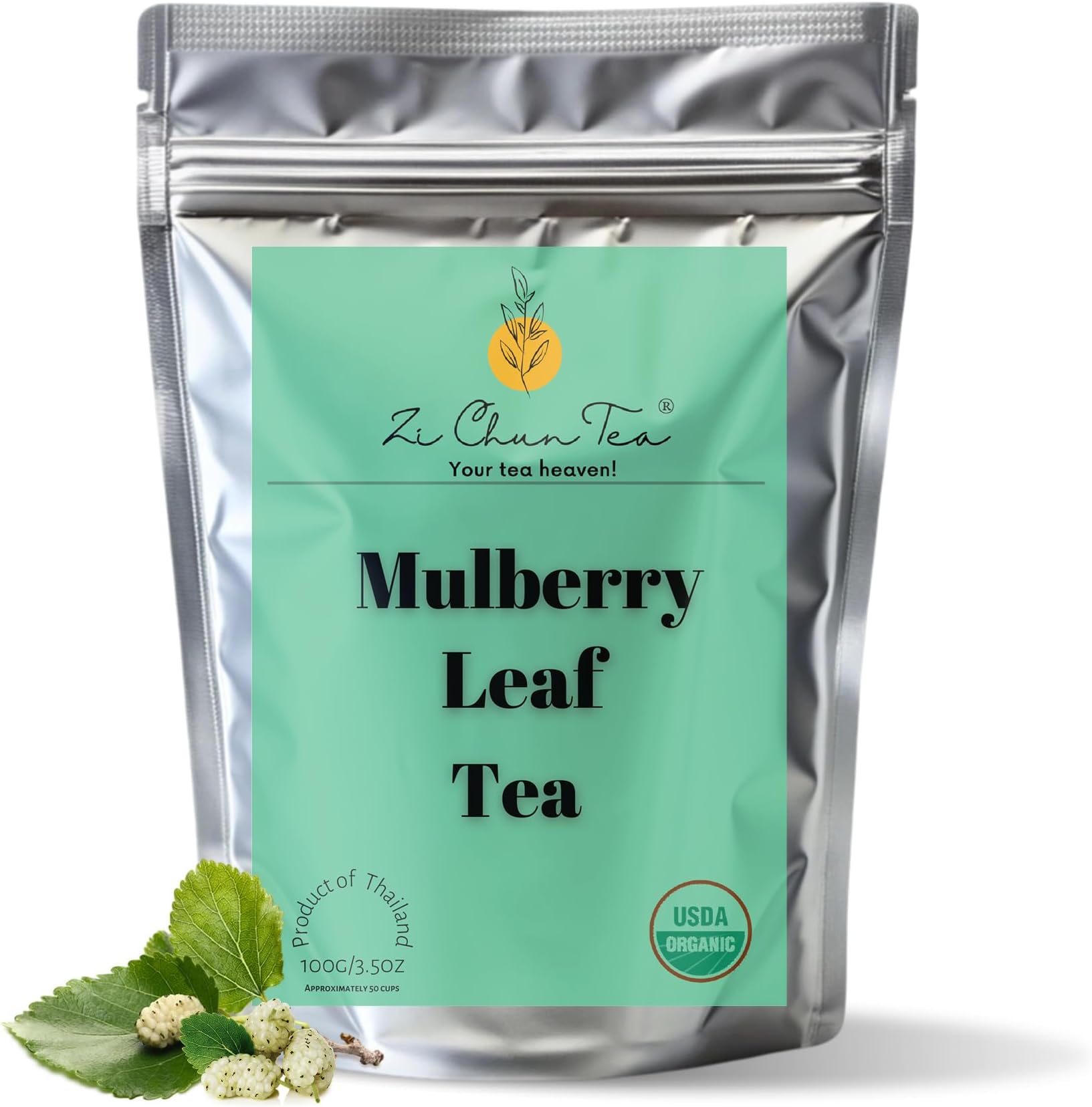 Zi Chun Tea, Organic White Mulberry Leaf Tea, 3.5 oz Whole Loose Leaves | Naturally Caffeine Free, USDA Certified, Single-Origin Thailand, Herbal Tea, Smooth Mild Flavor, Hot or Iced, Hoja de Morera