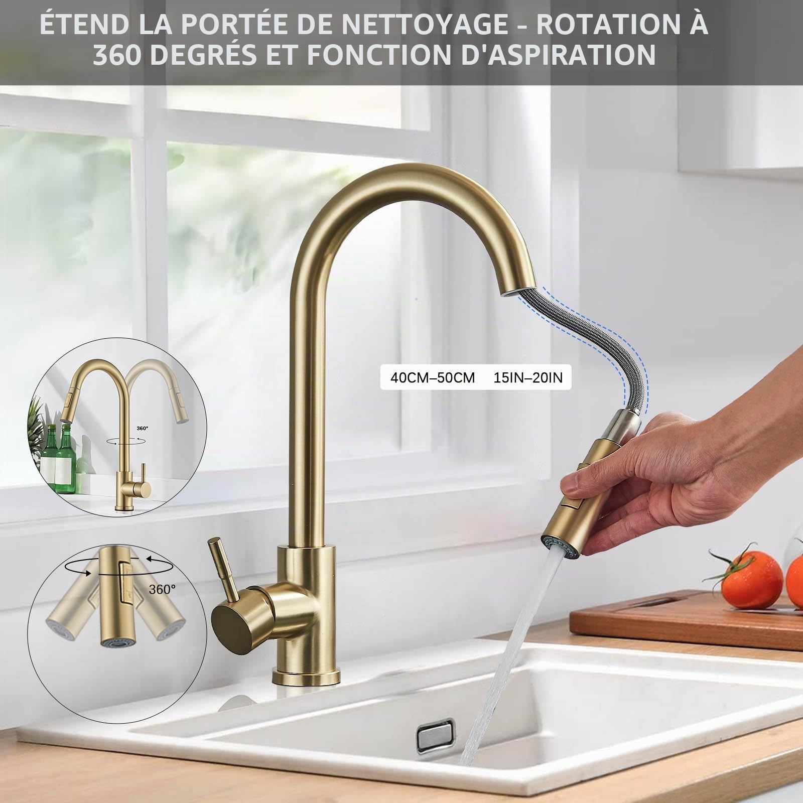 Robinet de Cuisine avec Douchette Extractible, Mitigeur 360° en Acier Inoxydable, Or Brossé, TVTIUO 2 Modes