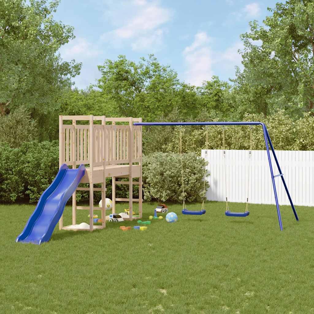 Spielturm Massivholz Kiefer mit Doppelschaukel, Wellenrutsche, Sandkasten und Klettergerüst, Outdoor Garten Spielhaus für Kinder, stabile Konstruktion, wetterfestes Holz